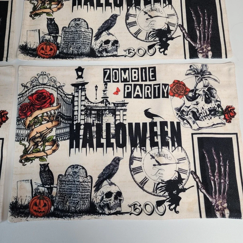 Halloween Theme Place Mats 4 Pack Roses Crows Skulls Spooky Zombie Party 18x12